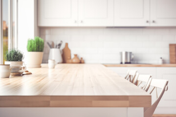 Empty wooden table top on blurred kitchen interior background. Generative AI.