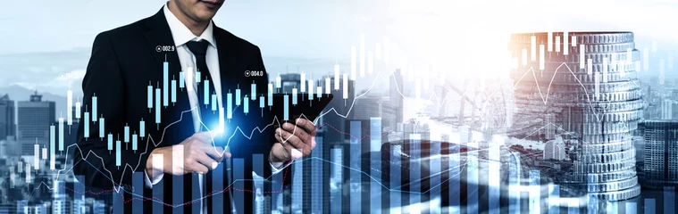 Zelfklevend Fotobehang Businessman analyst working with digital finance business data graph showing technology of investment strategy for perceptive financial business decision. Digital economic analysis technology concept. © Blue Planet Studio