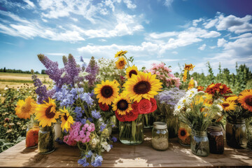 Fototapeta premium Country Garden Floral Delight. Colorful Flowers, Including Sunflowers, Adorn a Rustic Wooden Table in the Field. Fresh Blooms AI Generative. 