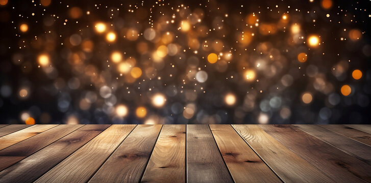 AI-created Image with Confetti Dots Style on Wooden Table and Lights Background