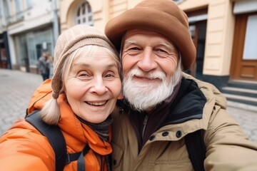 Old couple selfie tourists. Generate Ai