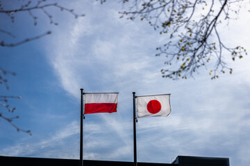 The flags of Poland and Japan on a banner against a blue sky. The red and white colors of the flags...