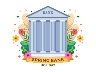 Illustration of Spring Bank Holiday with colorful floral elements surrounding a bank building.
Spring Bank Holiday is UK public holiday celebrated on the last Monday of May.