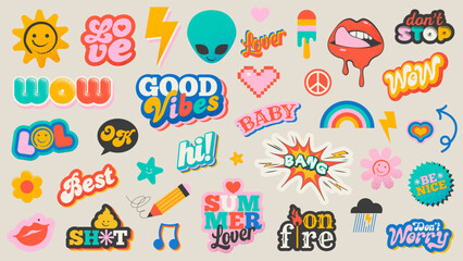 80s and 90s Sticker Pack Collection. Vintage pins. Set of cool patches vector design. Abstract retro badges. Love, lips, bang, fire, lol, flash, best, wow,hi.