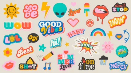 80s and 90s Sticker Pack Collection. Vintage pins. Set of cool patches vector design. Abstract retro badges. Love, lips, bang, fire, lol, flash, best, wow,hi. © brainpencil