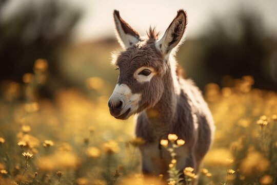 A tiny donkey in a sunny flower field. Generative AI