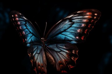 Bright, transparent butterfly wings on a black backdrop. Generative AI