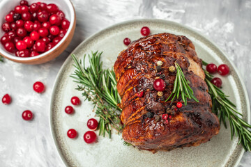 Homemade Crispy Pork Belly or Deep Fried Pork in a roll on a light background, banner, menu, recipe...