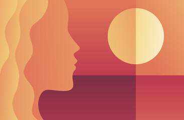 Woman face silhouette and abstract sunset 