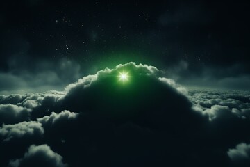 Naklejka na ściany i meble A massive star amidst stars and clouds with green light in center against a dark backdrop. Generative AI