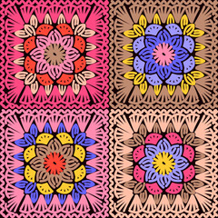 Granny square pattern. Multicolor crochet flowers. Vector illustration file. - obrazy, fototapety, plakaty