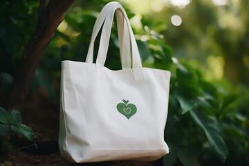 Plastic Free July A white tote bag with a green heart on it hangs from a tree. Generative AI