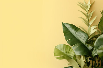 Fototapeta na wymiar Tropical leaves on the side of large light yellow background, Beautiful flower composition with large white space for text or copy, clean and minimal top view wallpaper.