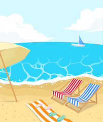 Beach landscape with beach chairs and beach towels and parasols, 해변의자와 비치타월 파라솔이 있는 해변 풍경
