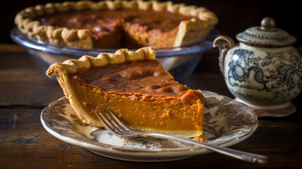 Sweet potato pie: A Southern American dessert similar to pumpkin pie, but made with mashed sweet potatoes, eggs, and spices. Generative AI Art Illustration