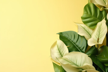 Fototapeta na wymiar Tropical leaves on the side of large light yellow background, Beautiful flower composition with large white space for text or copy, clean and minimal top view wallpaper.