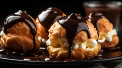 Profiteroles: A French dessert made with choux pastry puffs filled with whipped cream or pastry cream and topped with chocolate sauce. Generative AI Art Illustration