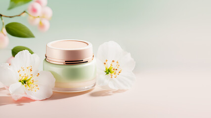 Obraz na płótnie Canvas Cosmetic jar with organic moisturizing cream with floral fragrance on light gradient background with beautiful blooming sakura flowers. Natural beauty product. Mockup, copy space. Generative ai