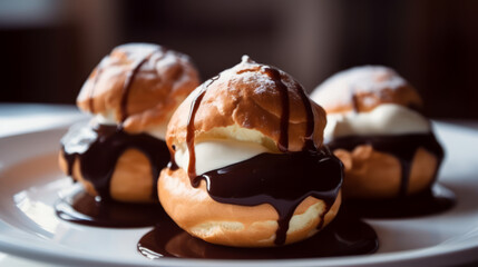 Profiteroles: A French dessert made with choux pastry puffs filled with whipped cream or pastry cream and topped with chocolate sauce. Generative AI Art Illustration