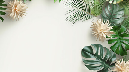 Fototapeta premium Tropical leaves on the side of large light background, Beautiful flower composition with large white space for text or copy, clean and minimal top view wallpaper.