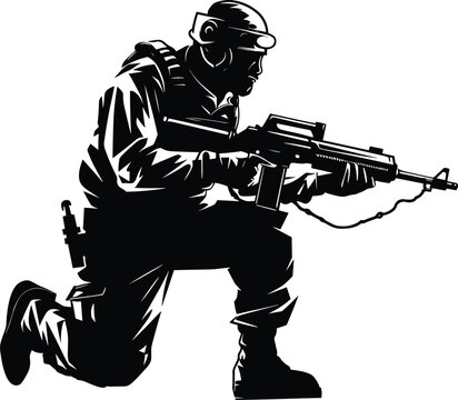 black soldier kneeling aiming rifle clip art preview