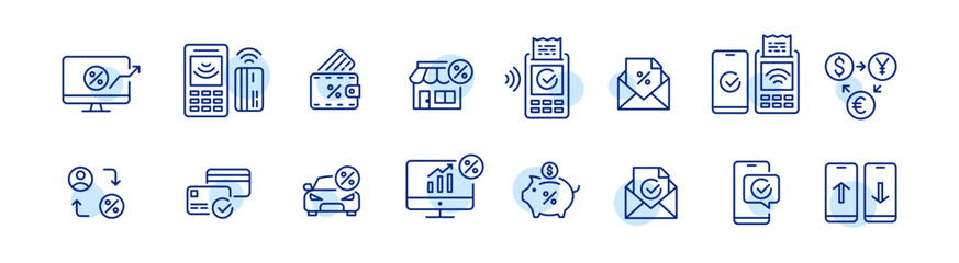 Financial icons. Contactless payment, savings, p2p transactions and currency conversion. Pixel perfect, editable stroke icons