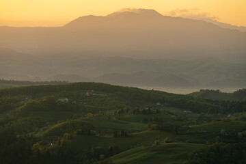 Fototapeta premium Scenic view of nature landscape over the hills and mountains in Poiana Marului, Brasov County, Romania.