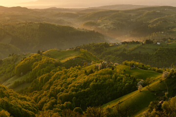 Obraz premium Scenic view of nature landscape over the hills and mountains in Poiana Marului, Brasov County, Romania.