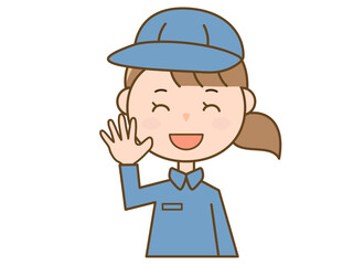 手を上げて笑顔で挨拶をする作業服を着た女性作業員_配達員_清掃員のイラスト青B