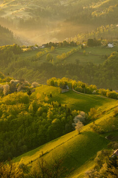 Scenic view of nature landscape over the hills and mountains in Poiana Marului, Brasov County, Romania.