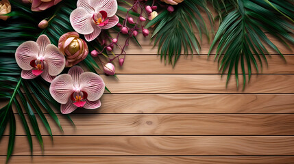 Orchid with palm leaves on wooden board background. Generative AI