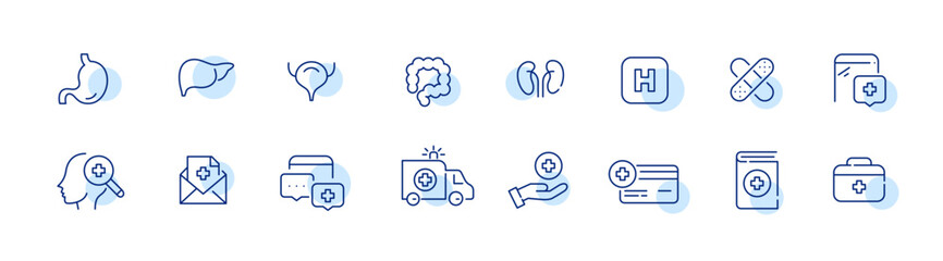 Medical treatment. Internal organs, check up, ambulance and hospital services. Pixel perfect, editable stroke icons set