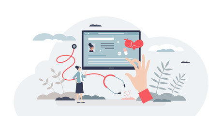 Electronic health records with patient medical history tiny person concept, transparent background. Healthcare software with digital prescriptions, xray or emr results and diagnostics illustration.