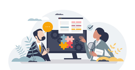 Interactive learning and study from digital materials tiny person concept, transparent background. E-learning education system with innovative tech online platform for research.