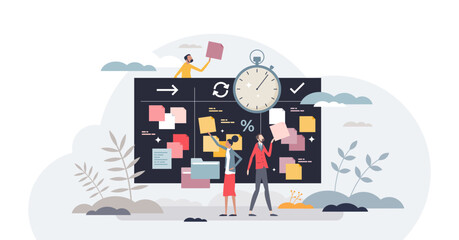 Agile project management for software development work tiny person concept, transparent background. Process strategy and method for effective and productive programming and coding illustration.
