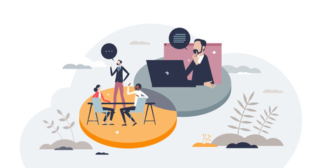 Blended learning as education system in classroom and online courses tiny person concept, transparent background. Knowledge and skills development with e-learning method illustration.