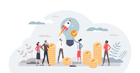 Venture capital as private equity and investors finances tiny person concept, transparent background. Start up company capital growth from crowdfunding money raising illustration.