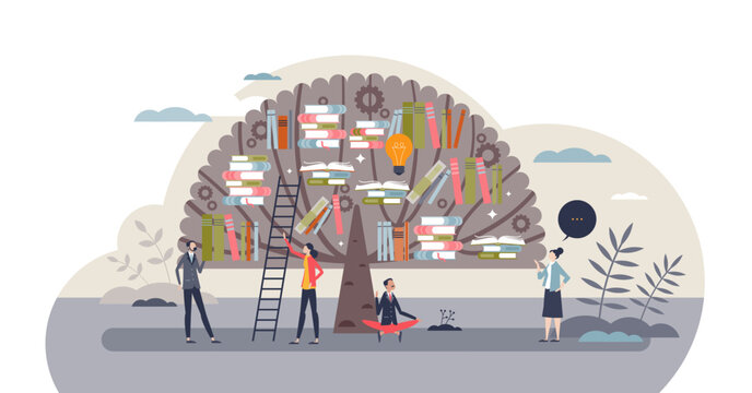 Education and access to resources and book literature tiny person concept, transparent background. Library as growing knowledge tree for learning, training and personal development illustration.