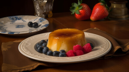 Coconut flan: A dessert made with a creamy coconut custard and caramelized sugar, often served with whipped cream and fresh fruit. Generative AI Art Illustration