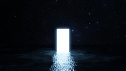 Light portal door is reflected in water. Door to other worlds and galaxies in sea. Journey into future to the stars and nebulae. 3d render - obrazy, fototapety, plakaty