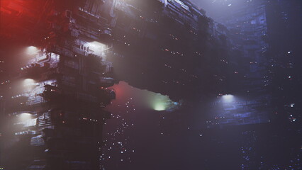 Cyberpunk city of future, smog. Buildings made of concrete and metal. Light of night lights. 3d render