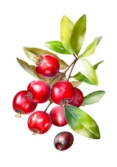 Watercolor illustration of cranberries isolated on white background. Generative AI.
