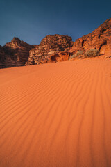 Fototapeta na wymiar Wadi Rum desert in Jordan and beautiful dunes captured on a warm spring day.