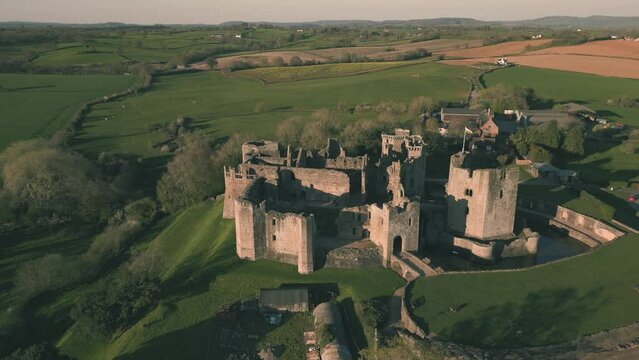 Aerial view of the ancient castle ruins of Raglan Castle, Wales