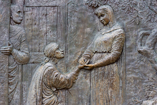 The Visitation &ndash; Second Joyful Mystery on Mount Podbrdo in Medjugorje. Bronze relief hillside installations made by Carmelo Puzzolo. Medjugorje, Bosnia and Herzegovina. 2016/11/12.	