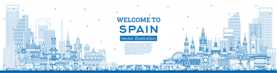 Welcome to Spain. Outline City Skyline with Blue Buildings. Modern and Historic Architecture. Spain Cityscape with Landmarks.