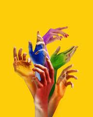 Female hands with rainbow colors over vivid yellow background. Human rights, freedom of choice, acceptance, support. Freedom, lgbt, choice, human relation, community, togetherness, symbolism concept