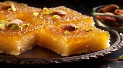 Basbousa: A Middle Eastern dessert made with semolina flour, yogurt, and honey syrup, often flavored with rosewater or orange blossom water. Generative AI Art Illustration