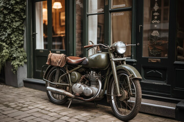 Retro bike at the entrance of an cafe in a European city. Photorealistic illustration generative AI.