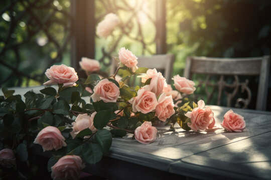 Bouquet of freshly cut pink roses on a table in the garden. Photorealistic illustration generative AI.